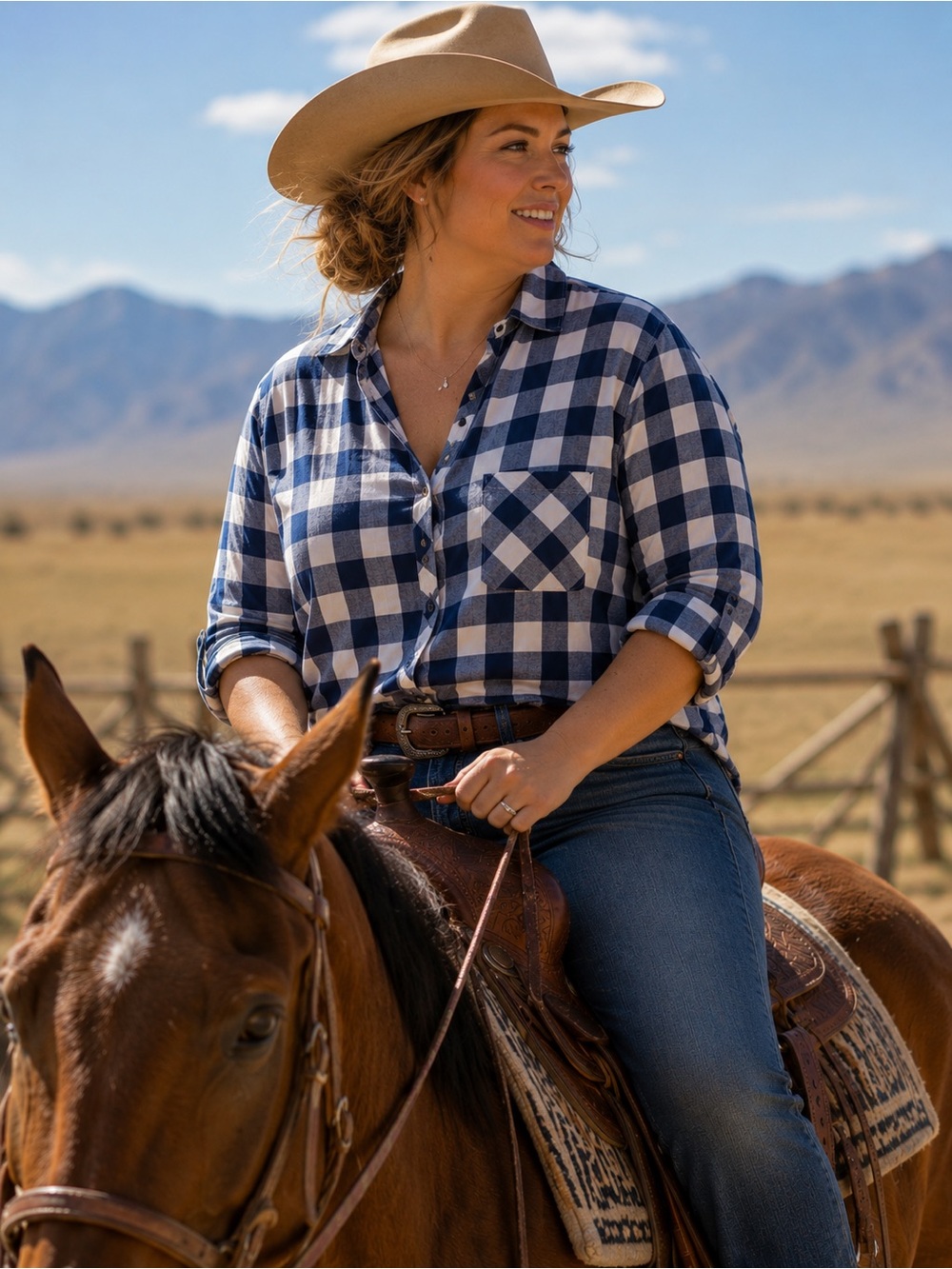 Suzanne Betro Blue and Cream Buffalo Plaid Shirt